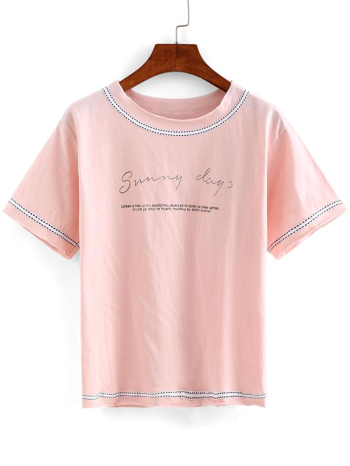 Romwe Contrast Binding Letter Print T-shirt - Pink