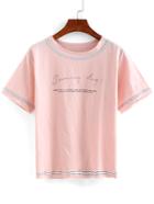 Romwe Contrast Binding Letter Print T-shirt - Pink