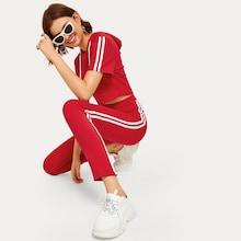 Romwe Striped Tape Panel Drawstring Top With Pants