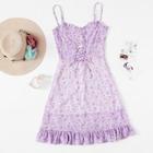 Romwe Lace Up Frill Trim Floral Cami Dress