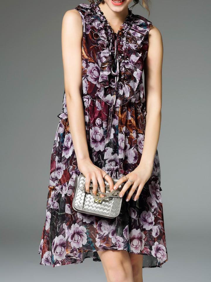 Romwe Multicolor Tie Neck Ruffle Print Dress