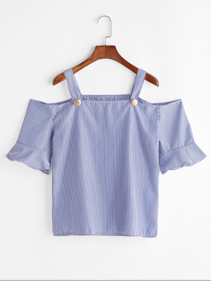 Romwe Striped Ruffle Cuff Cold Shoulder Top