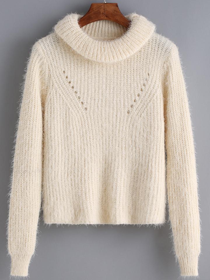 Romwe Women Turtleneck Eyelet Mohair Sweater