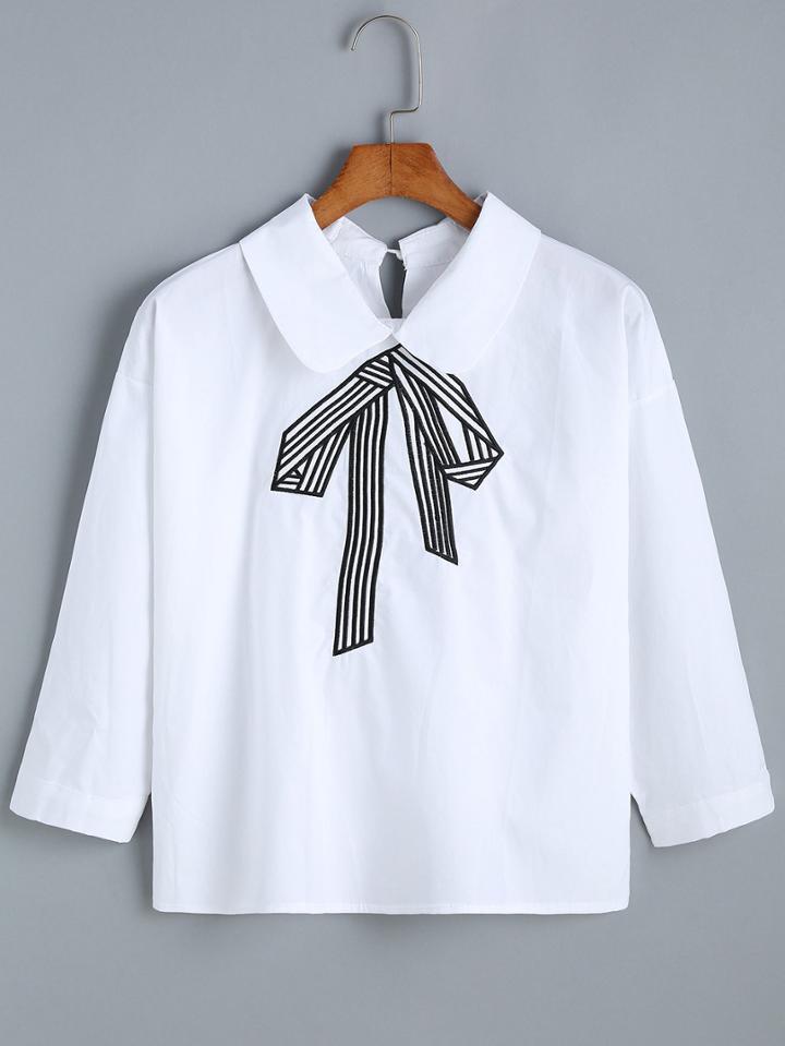 Romwe Doll Collar Bow Embroidered White Top