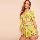 Romwe Knot Front Tropical Print Top & Shorts Set