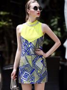 Romwe Multicolor Stand Collar Sleeveless Print Pockets Dress