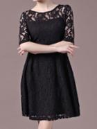 Romwe Elbow Sleeve Lace A-line Black Dress