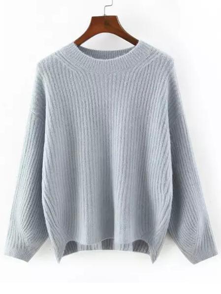 Romwe Dip Hem Ribbed Grey Jumper
