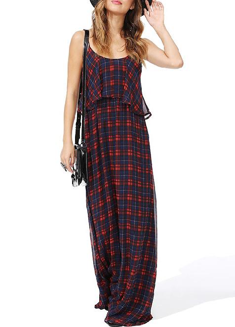 Romwe Red Spaghetti Strap Plaid Chiffon Dress