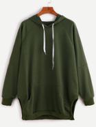 Romwe Army Green Slit Side Drawstring Hooded Pocket Sweatshirt