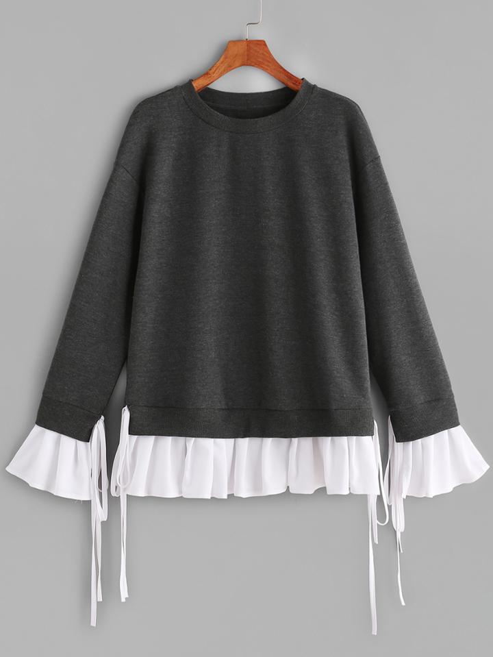 Romwe Heather Grey Contrast Pleated Ruffle Trim Sweatshirt