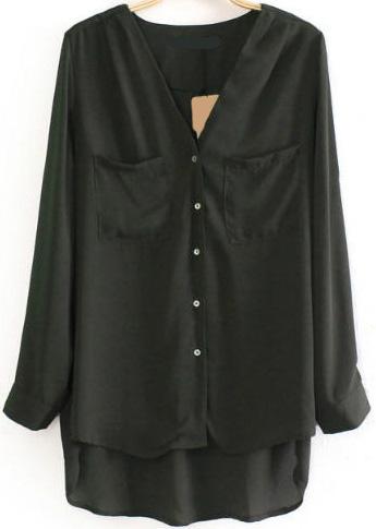 Romwe V Neck Pockets Dipped Hem Grey Blouse