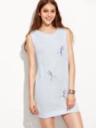 Romwe Light Blue Bird Embroidery Zipper Back Sheath Dress