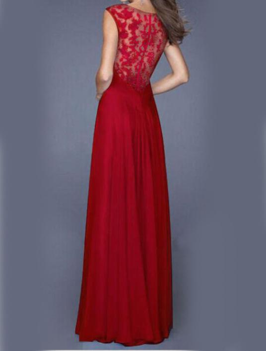 Romwe Red Round Neck Sheer Lace Pleated Dress