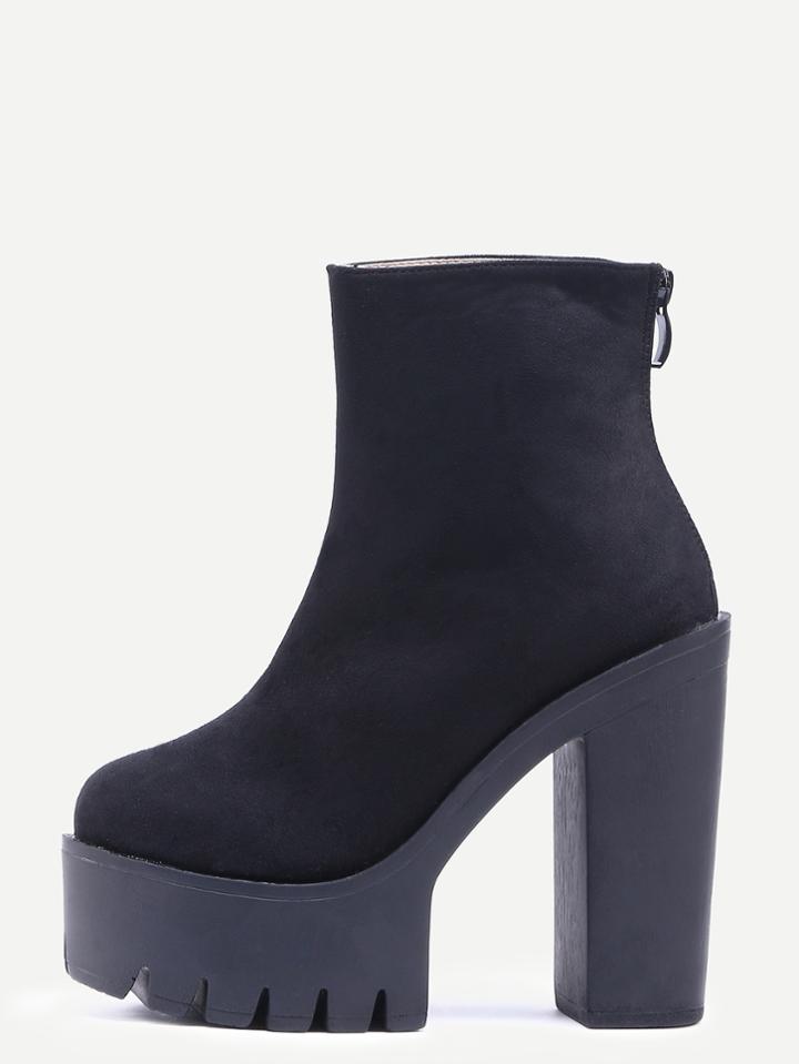 Romwe Black Round Toe Zipper Back Platform Chunky Ankle Boots