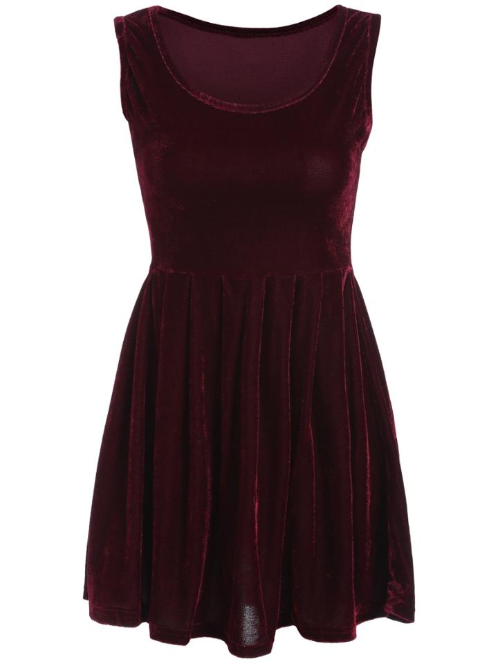 Romwe Round Neck Sleeveless Pleated Burgundy Dress
