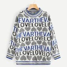 Romwe Letter Embroidery Striped Panel Sweater