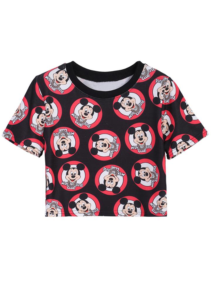 Romwe Mickey Print Crop Black T-shirt