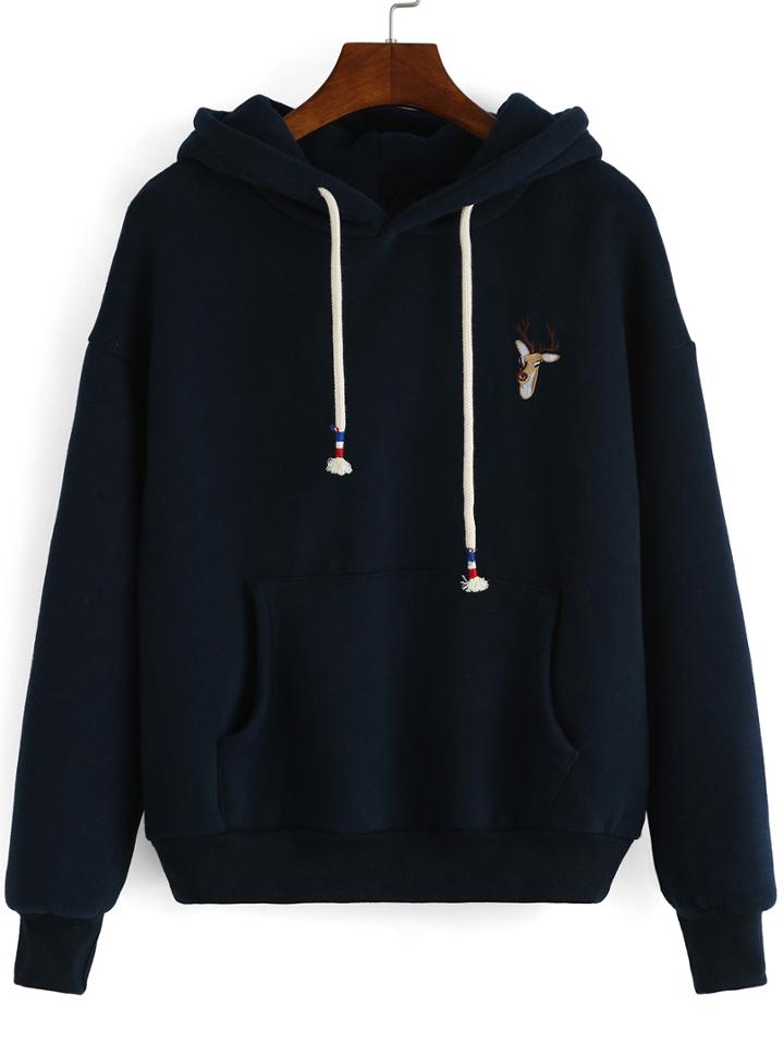 Romwe Hooded Drawstring Deer Embroidered Navy Sweatshirt
