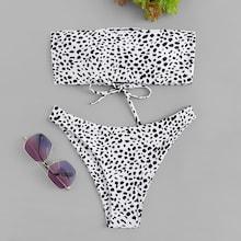 Romwe Random Dot Print Lace-up Bandeau Bikini