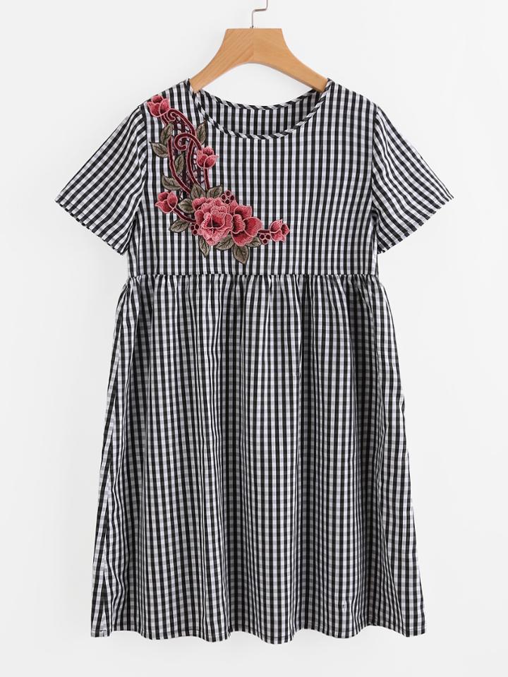 Romwe 3d Flower Patch Gingham Smock Dress