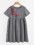 Romwe 3d Flower Patch Gingham Smock Dress