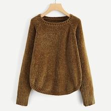 Romwe Raglan Sleeve Curved Hem Solid Sweater
