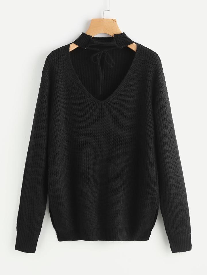 Romwe Lace Up Choker Neck Jumper