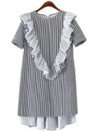 Romwe Blue White Vertical Stripe Zipper Back Ruffle Dress