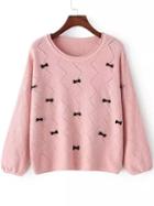 Romwe Round Neck Bow Pink Sweater