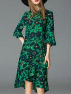 Romwe Green Ruffle High Low Print Dress