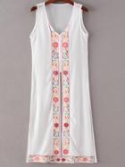 Romwe White Buttons Front Split Side Embroidery Dress