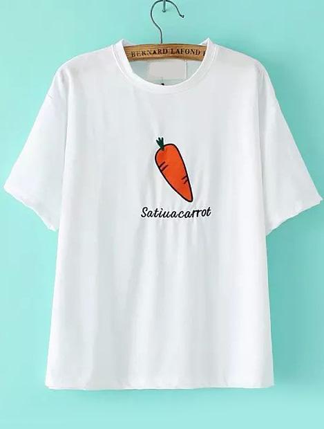 Romwe Carrot Letter Embroidered White T-shirt