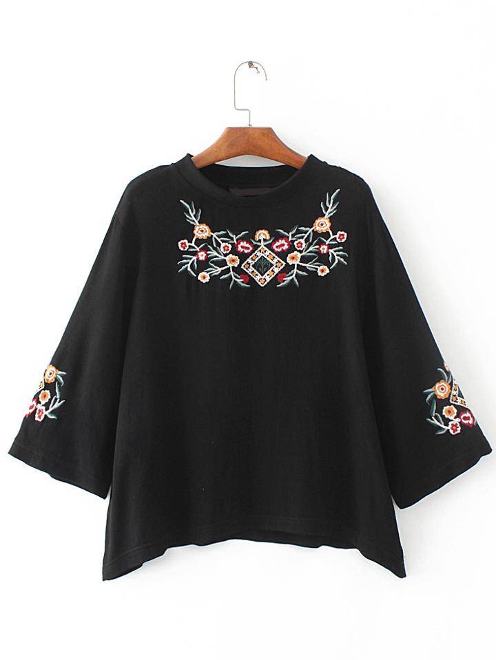 Romwe Black Flower Embroidered 3/4 Sleeve T-shirt