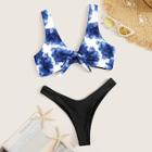 Romwe Tie Dye Knot Front Top With High Cut Bikini Set