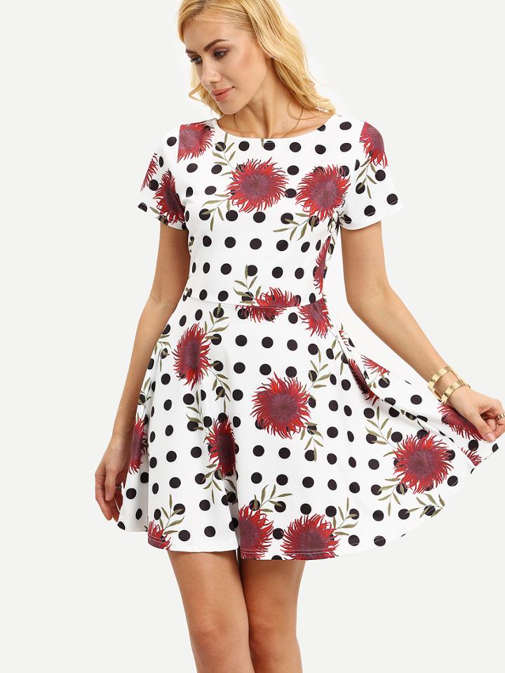 Romwe Flower & Polka Dot Print Dress