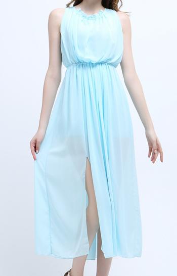 Romwe Sleeveless Open Back Split Chiffon Sky Blue Dress