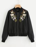 Romwe Symmetrical Botanical Embroidered Applique Bomber Jacket