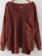 Romwe Brown V Neck Drop Shoulder Dip Hem Sweater With Pocket