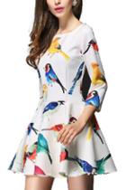 Romwe Bird Print Cropped White Dress