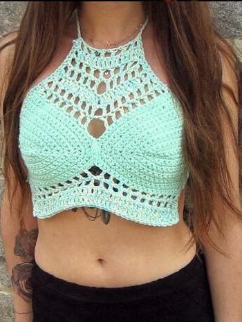 Romwe Hollow Out Halter Blue Crop Crochet Top