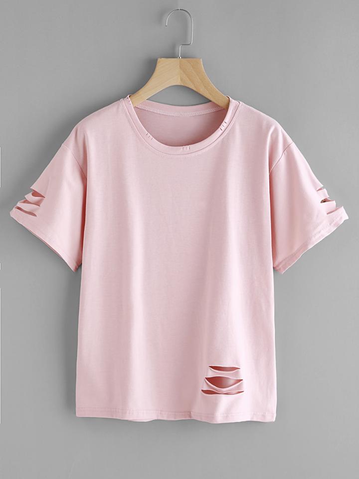 Romwe Dropped Shoulder Ripped Tee