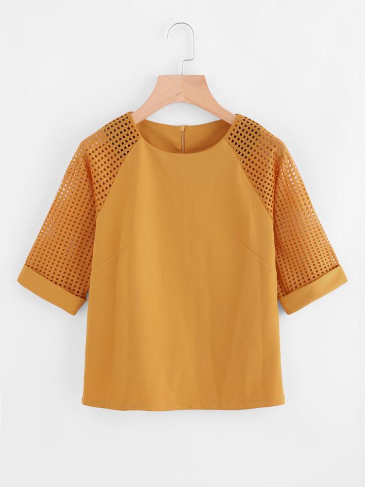 Romwe Eyelet Zip Up Back Sleeve Cuffed Top