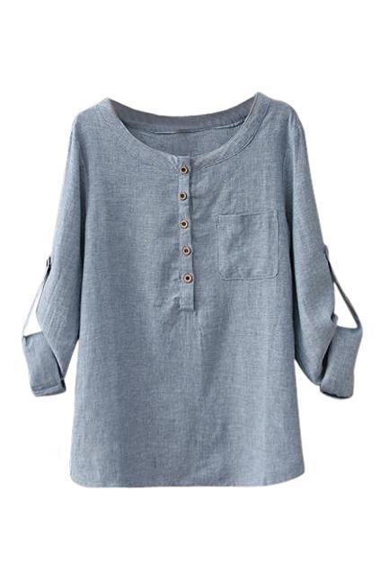 Romwe Buttoned Rolled-up Blue Blouse