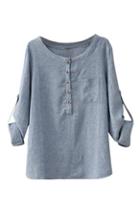 Romwe Buttoned Rolled-up Blue Blouse