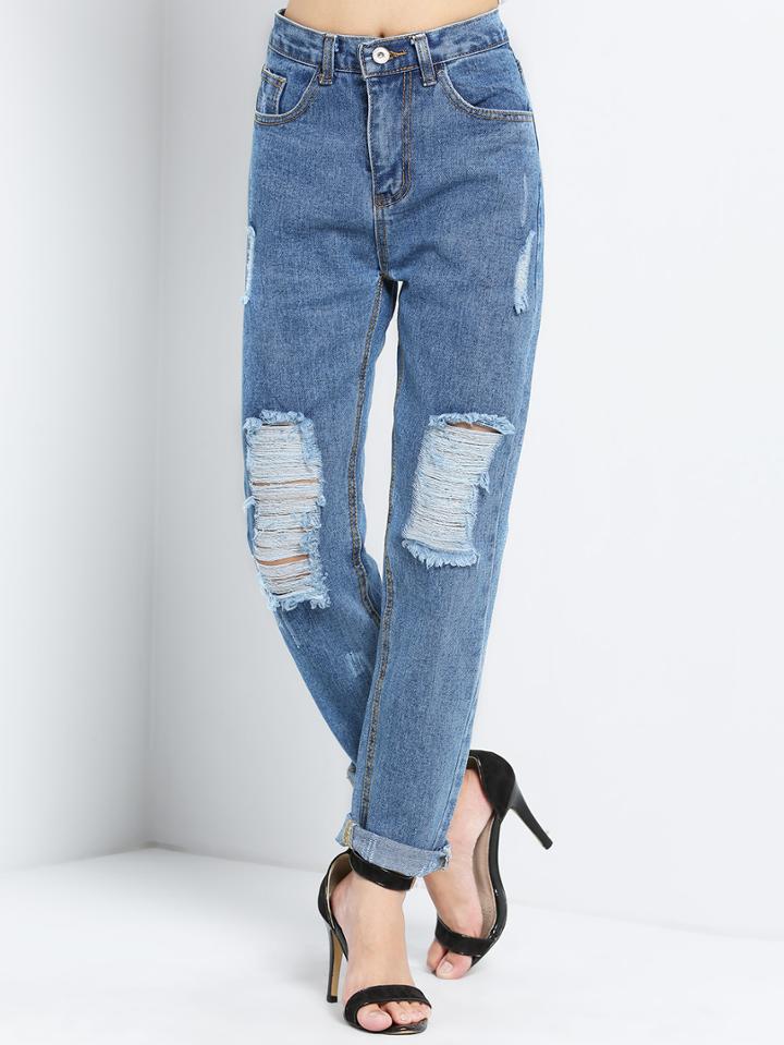 Romwe High Waist Ripped Loose Denim Pant