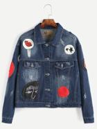 Romwe Blue Bleached Ripped Embroidered Patches Denim Jacket