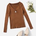 Romwe Button Detail V Neck Sweater