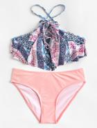 Romwe Mixed Print Lace Up Bikini Set
