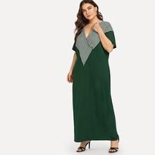 Romwe Plus V-neck Striped Panel Dress